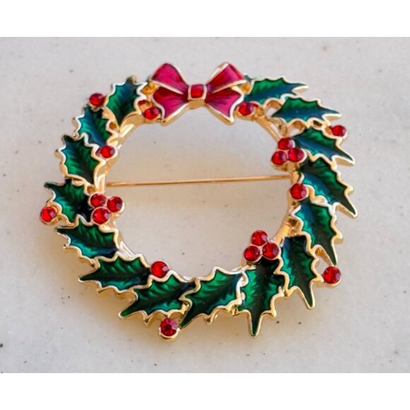 Vintage Gold-Tone Christmas Wreath Brooch ts - Picture 3 of 4